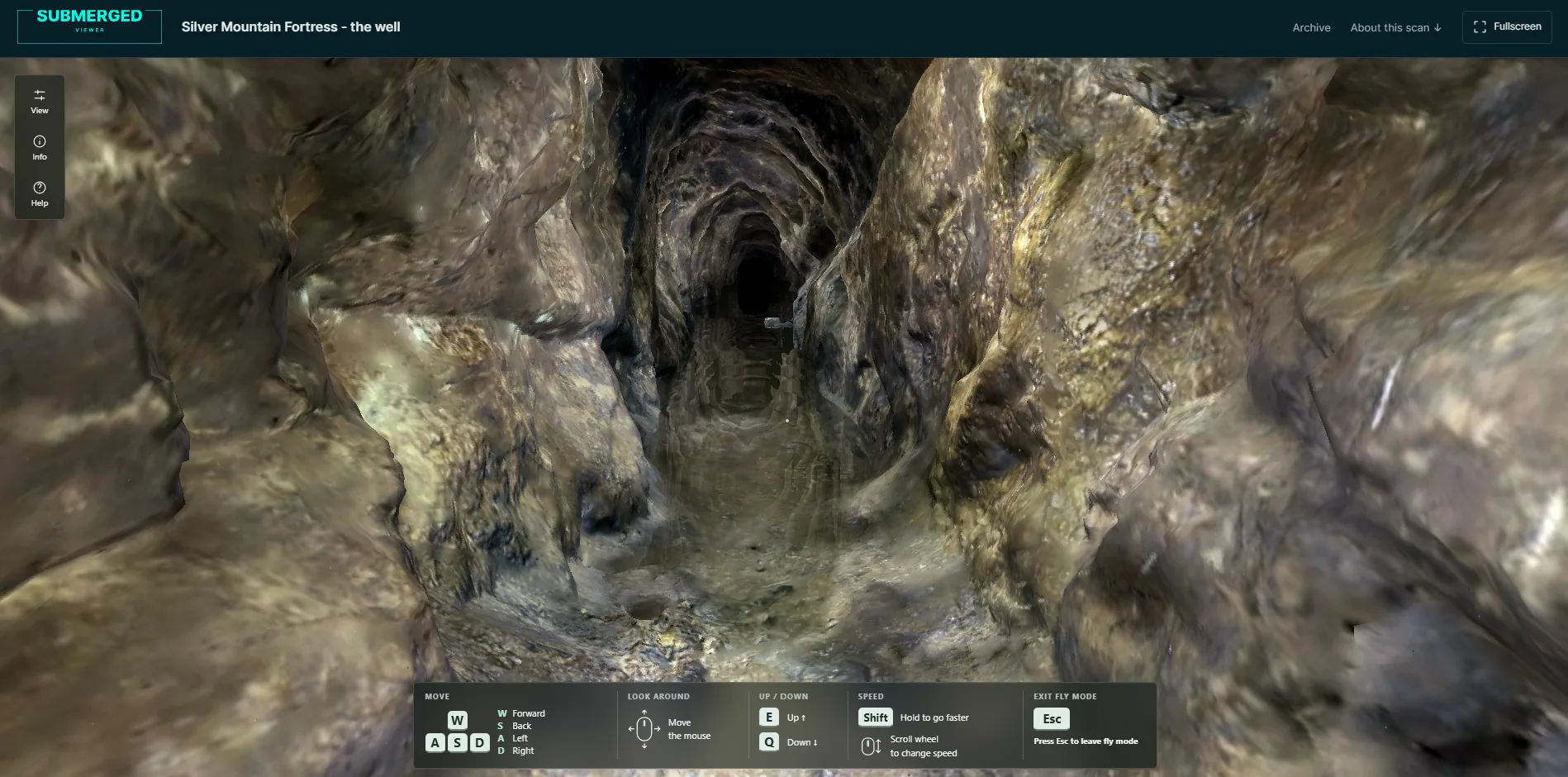 Submerged Viewer showing a narrow rock tunnel with water on its floor, from the scan of the well at Silver Mountain Fortress